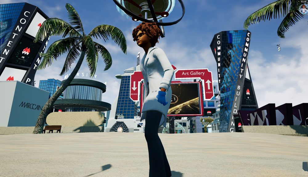 Avatar walking through a stylised virtual city