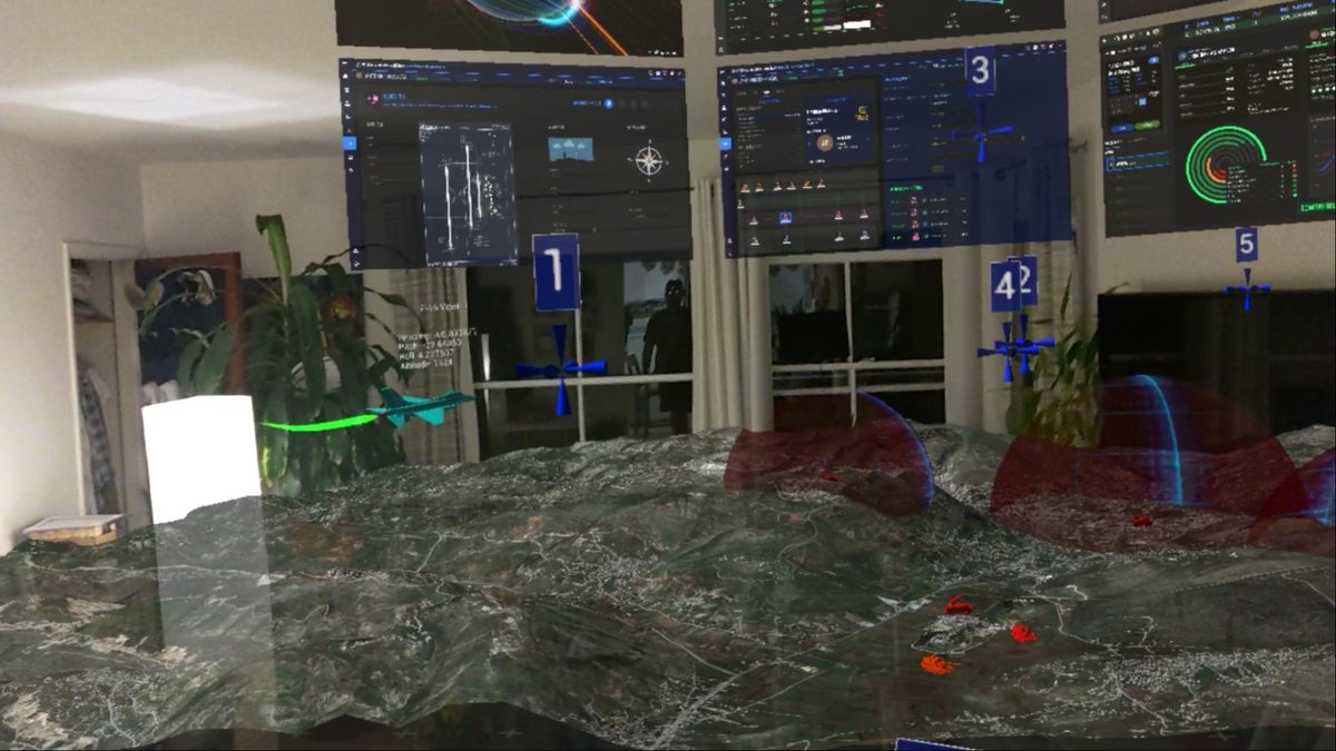Mixed reality terrain map with aircraft units and floating panels