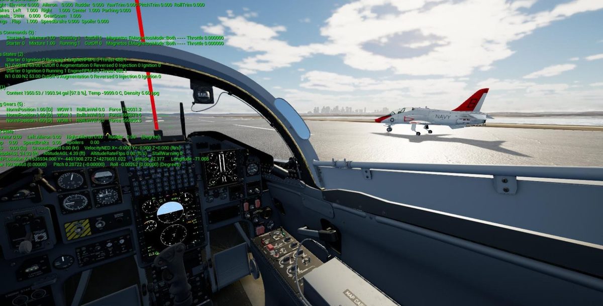 Trainer aircraft cockpit on a runway with telemetry overlay
